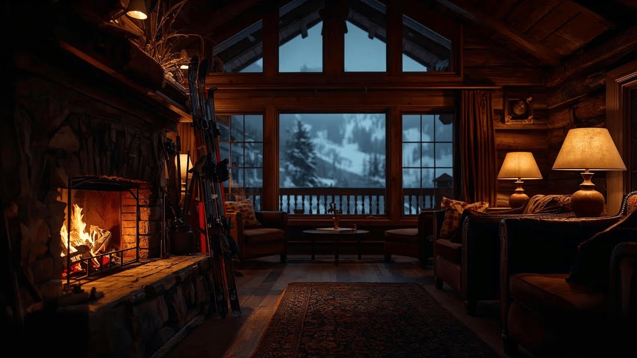 Cozy Ski Lodge Retreat – Fireplace Crackling & Mountain Winter Wind ❄️🔥