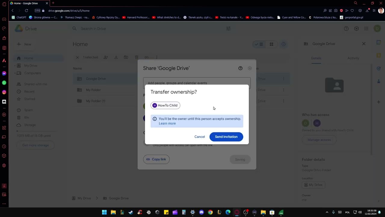 Как передать право собственности на папку Google Диска (2024)?