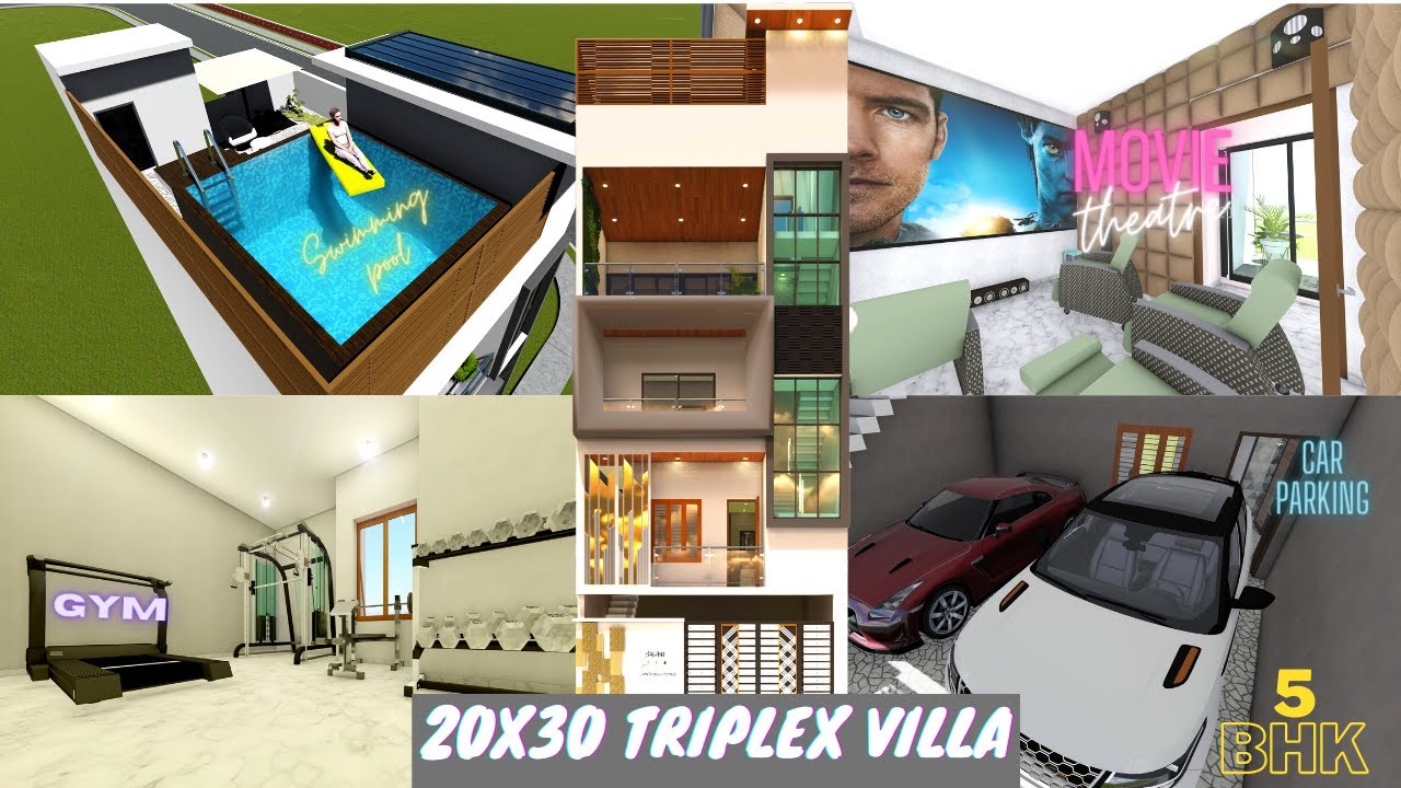 20x30 Triplex Villa Design | 5BHK | Swimming Pool | Mini Theatre | 20*30 Duplex House Plan | 20x30