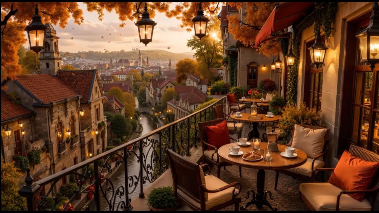 🍂CAFÉ COSY Automne Doré TERRASSE Panoramique - Jazz Relaxant & Ambiance Fall European Town🎷☕