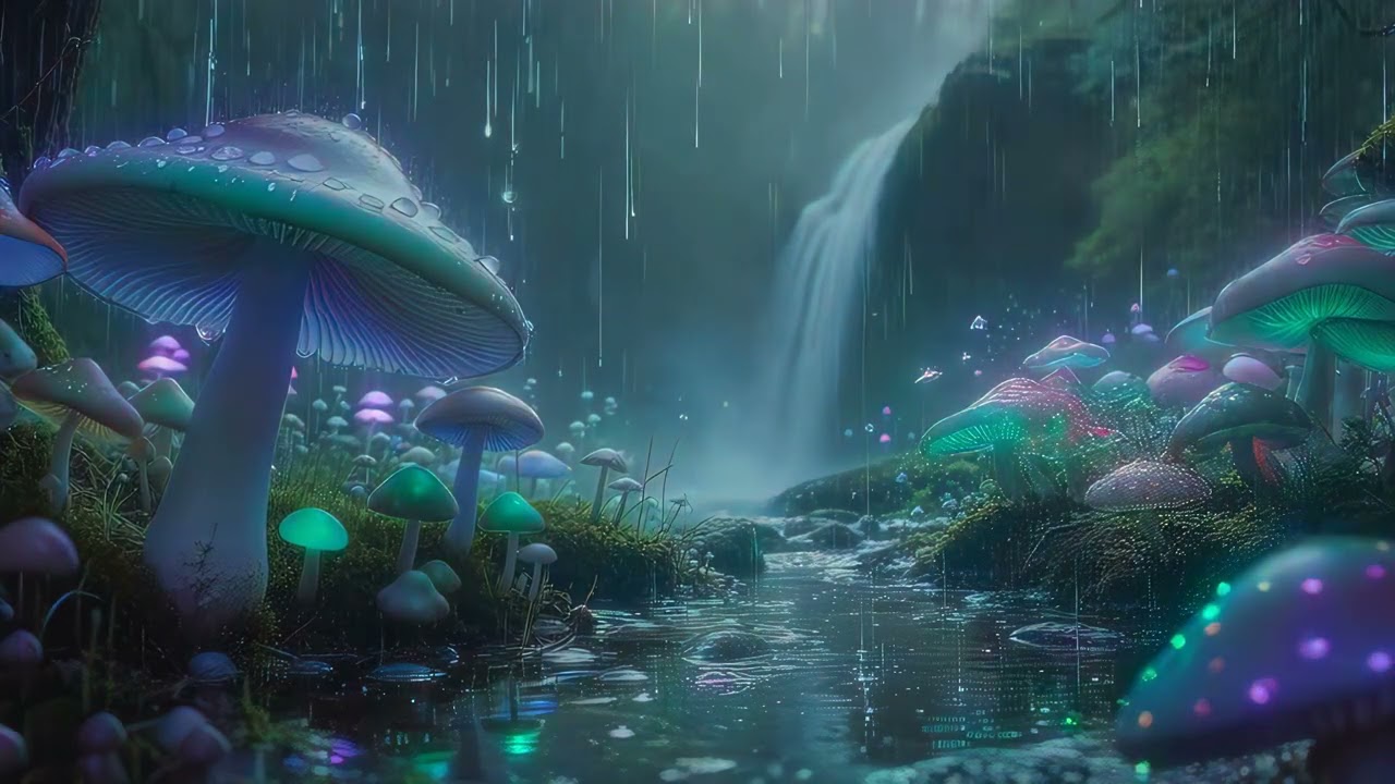 10 hours Fantasy Mushroom Forest Rain 4k uhd 60fps screensaver windows 11 vj loop motion bac...