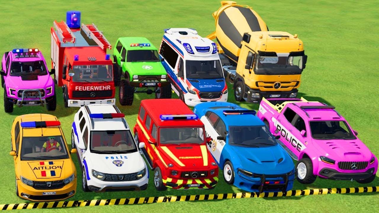 TRANSPORTING POLICE CARS, AMBULANCE, FIRE TRUCK, COLORFUL CARS WITH TRUCK -FARMING SIMULATOR 22!