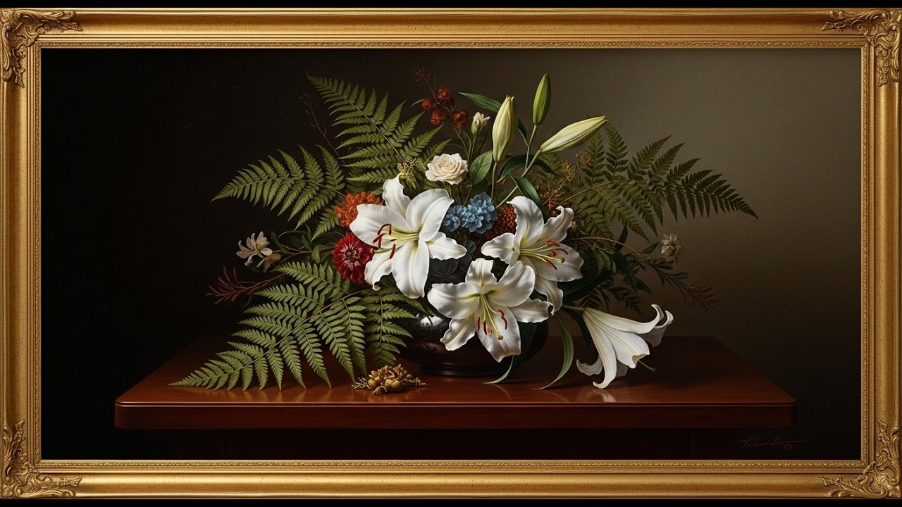 Frame TV Art with Music: Antique Style White Lily & Rose Bouquet | Classic Dark Still Life Art