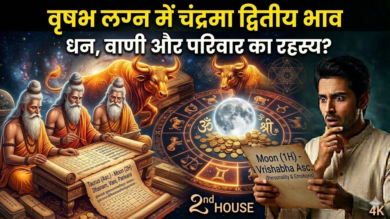 वृषभ लग्न में चंद्रमा द्वितीय भाव | Moon in 2nd House for Taurus Ascendant | Wealth, Speech & Family
