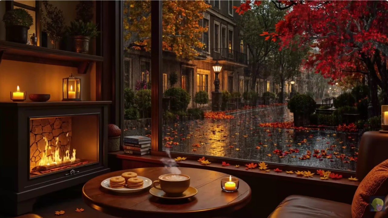 Cozy Rain Café Ambience ☕ Fireplace, Night Rain & Soft Piano Music