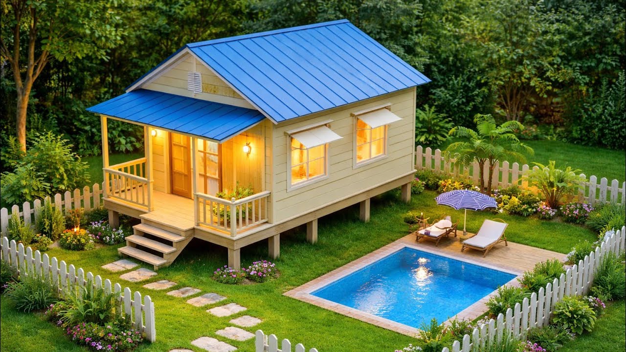 The talented couple with young children built a cozy cabin house with beautiful interior.