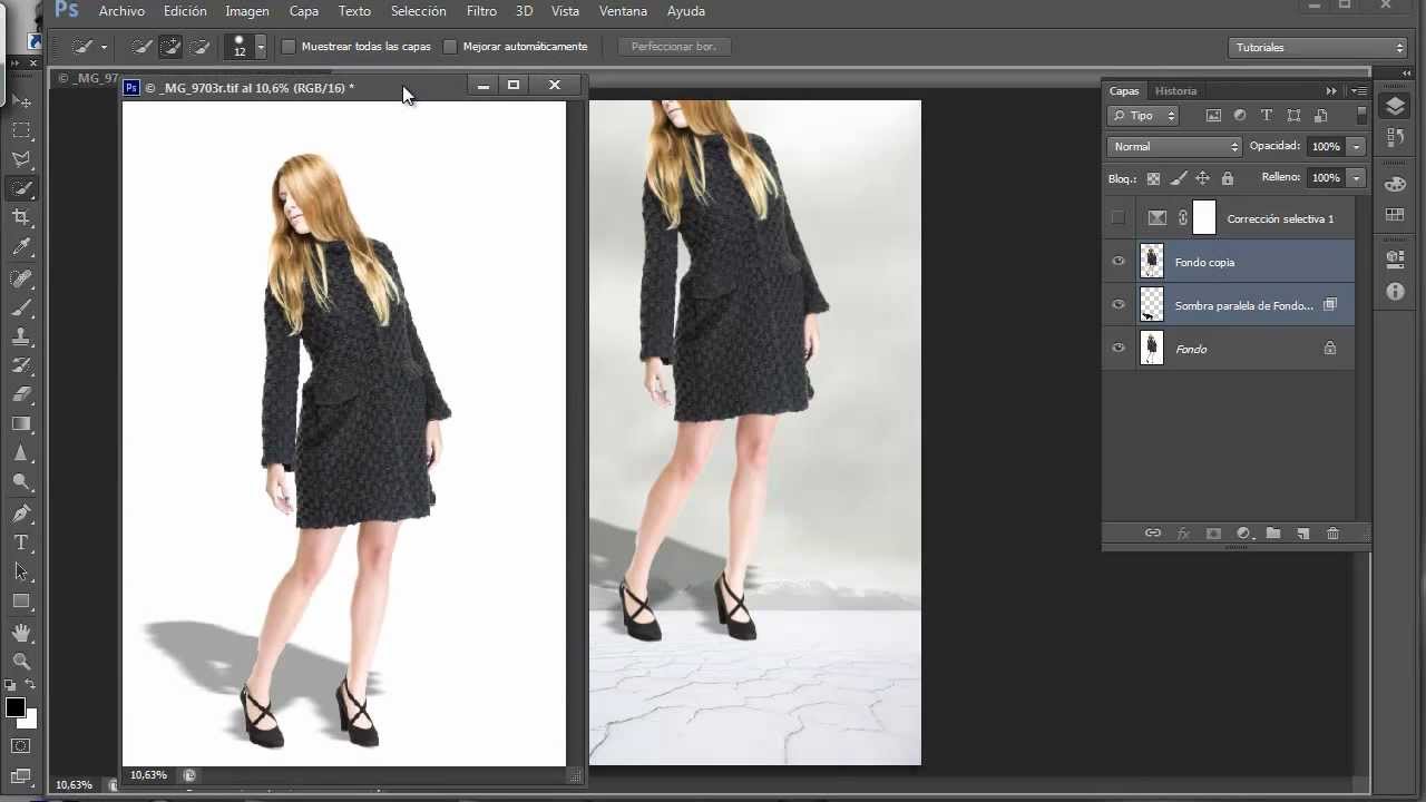 Crear sombras con Photoshop. Montaje de persona en fondo. Tutorial en español