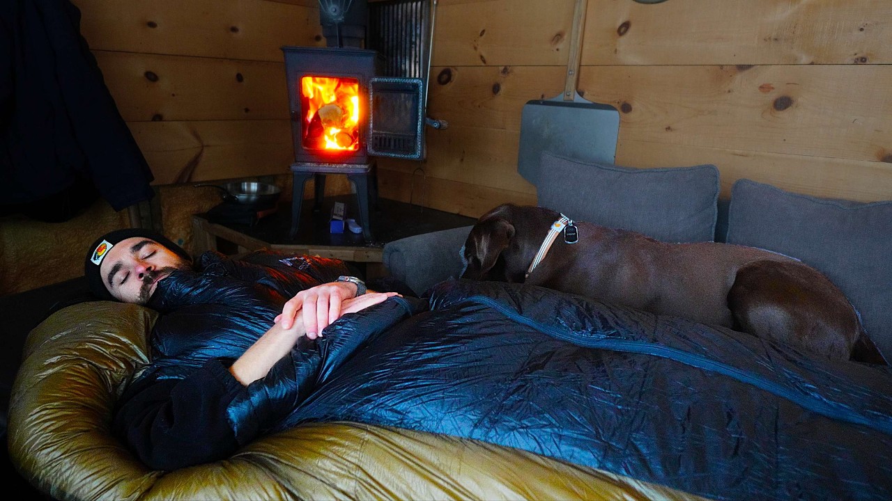 Winter Camping in Cozy Off-Grid Cabin in the Woods