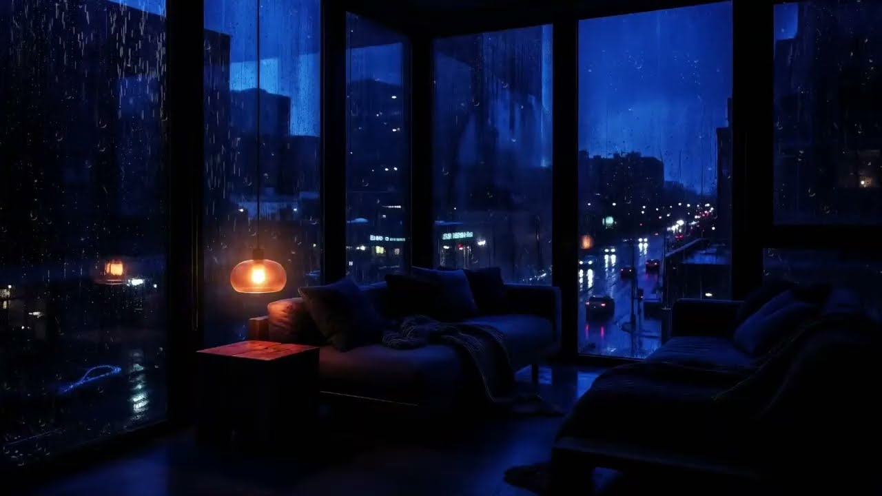 Rainy City Night Through Large Apartment Windows, For Deep Sleep & Relaxation ( No Ads, 8Hours)