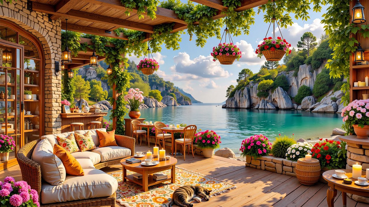 🌿 Peaceful Spring Morning with Sweet Jazz at a Cozy Outdoor Coffee Shop for Work, Relax & Positive