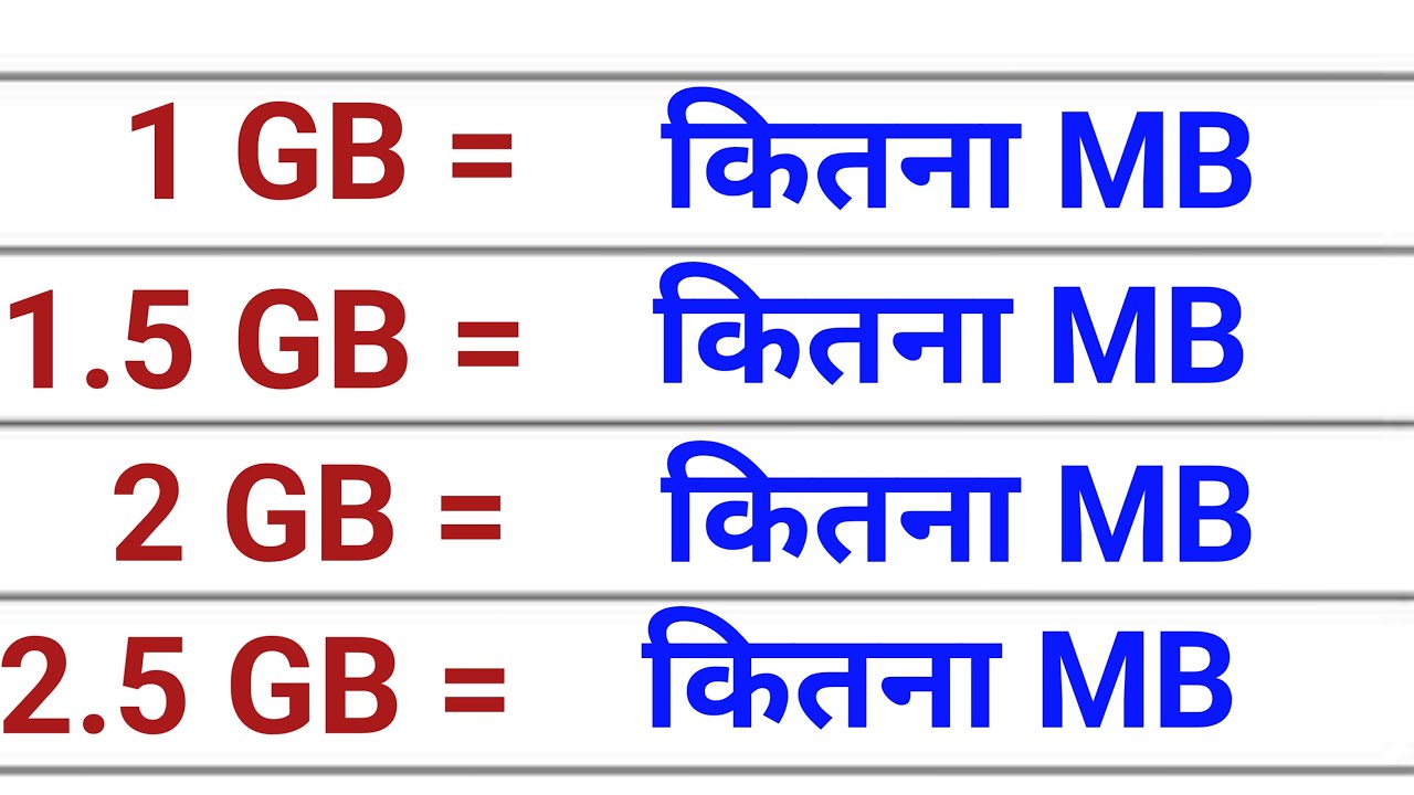 1 GB,1.5 Gb, 2GB, 2.5 Gb में कितने MB होते हैं ? || 1Gb,1.5 GB, 2GB ,2.5 GB mein kitne MB hote hai