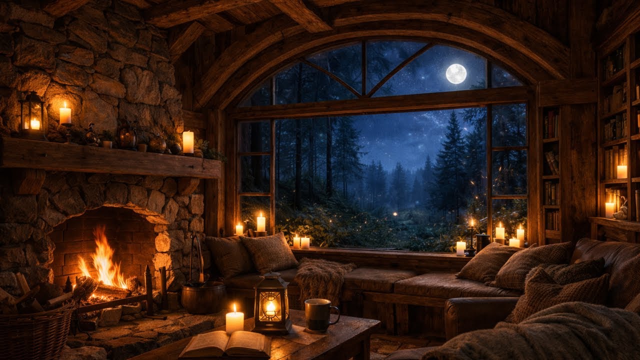 Cozy Fireplace by a Moonlit Forest 🔥 Crackling Fire Ambience for Sleep, Study & Relaxation