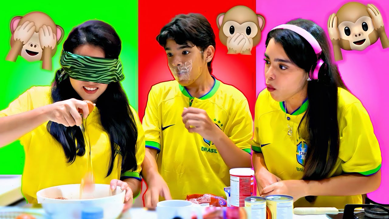 Desafio BOLO DE OLHOS VENDADOS TRIGÊMEOS COZINHANDO !