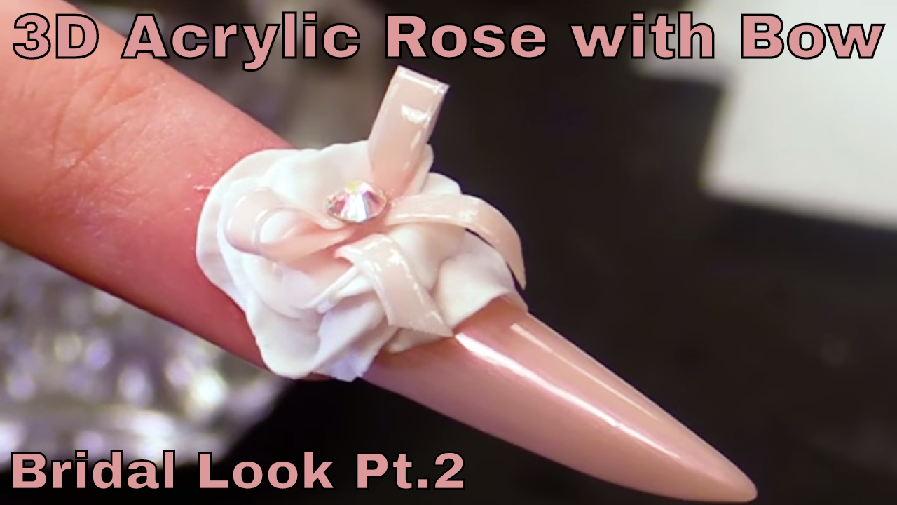 Alternative Bridal Nail Design creating a 3D flower with a Bow - Gothic Almond Shape