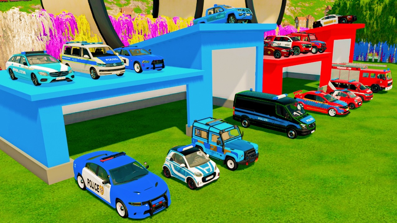 TRANSPORTING CARS, AMBULANCE, POLICE CARS, FIRE TRUCK OF COLORS! WITH TRUCKS! - FS 22