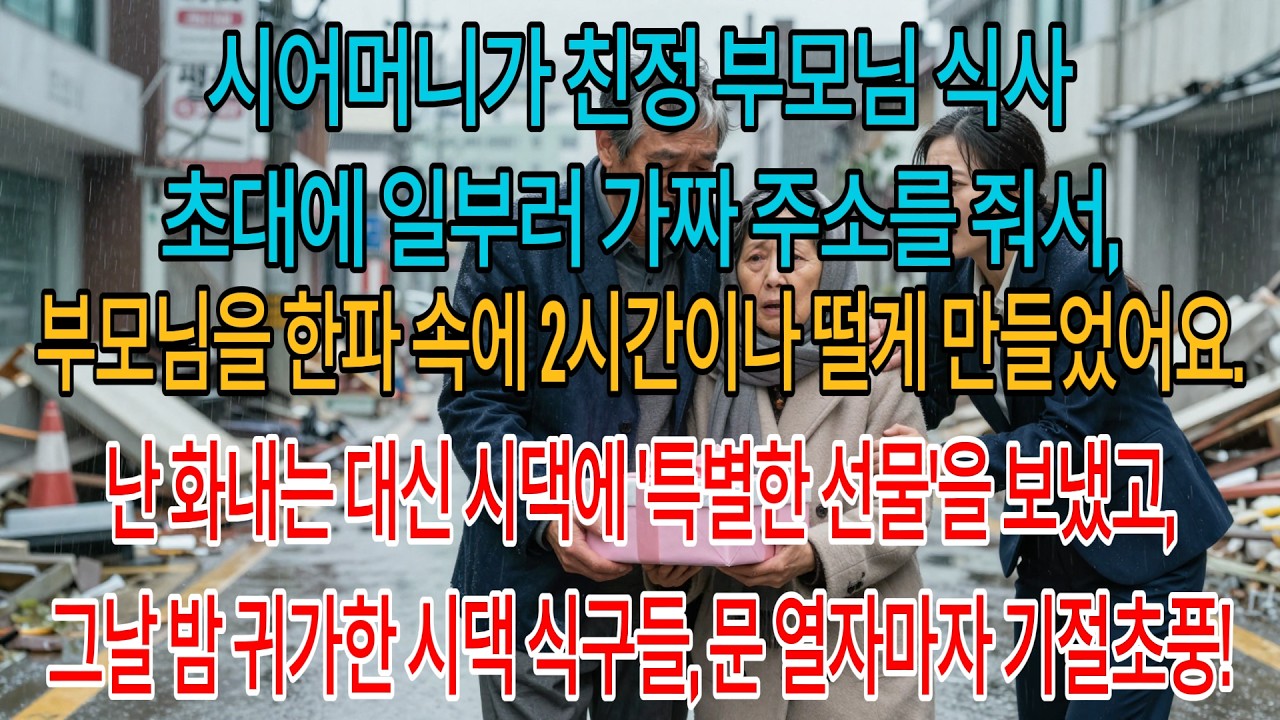 시어머니가 친정 부모님 식사 초대에 일부러 가짜 주소를 줘서,부모님을 한파 속에 2시간이나 떨게 만들었어요.난 화내는 대신 시댁에 '특별한 선물'을 보냈고,그날 밤 귀가한 시댁..