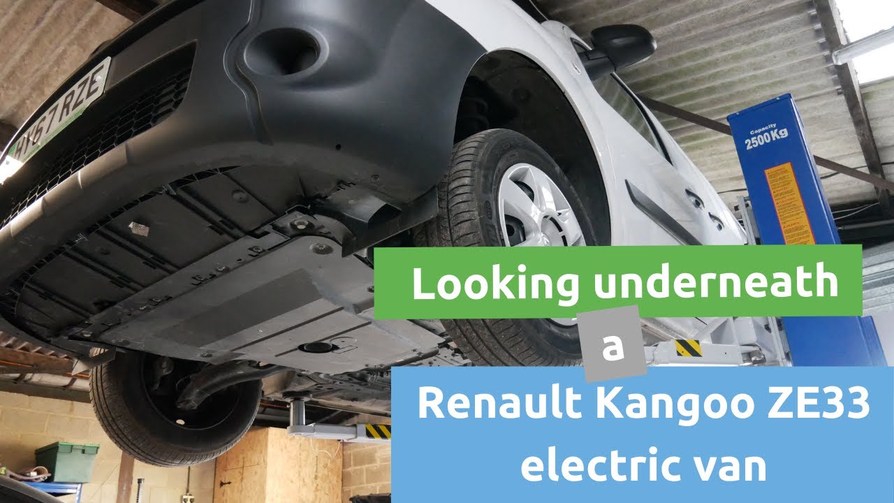 Looking underneath a Renault Kangoo ZE33 100% electric van and also under the bonnet