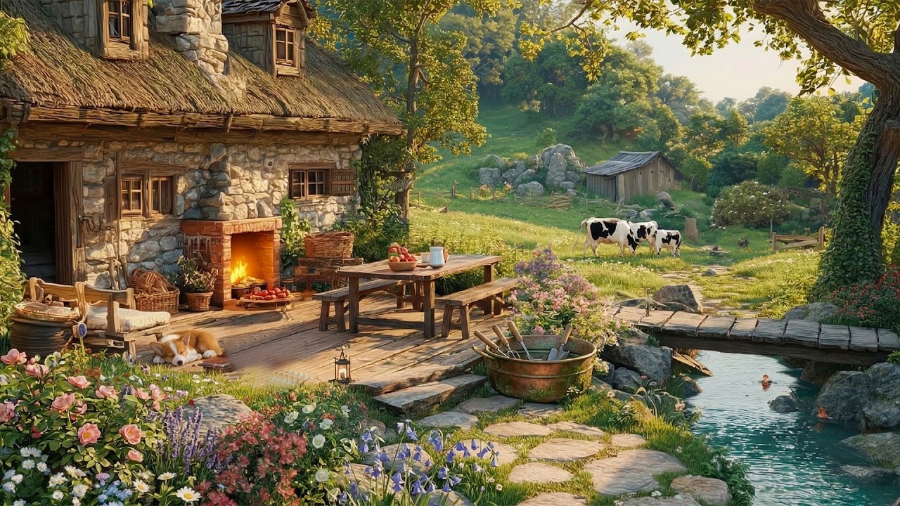 Rustic Cottage Haven Ambience | Gentle Stream Sounds, Fireplace Crackles & Soothing Sleep Music