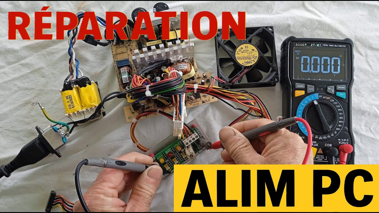 Dépannage d'une alimentation à découpage d'une tour d'ordinateur.