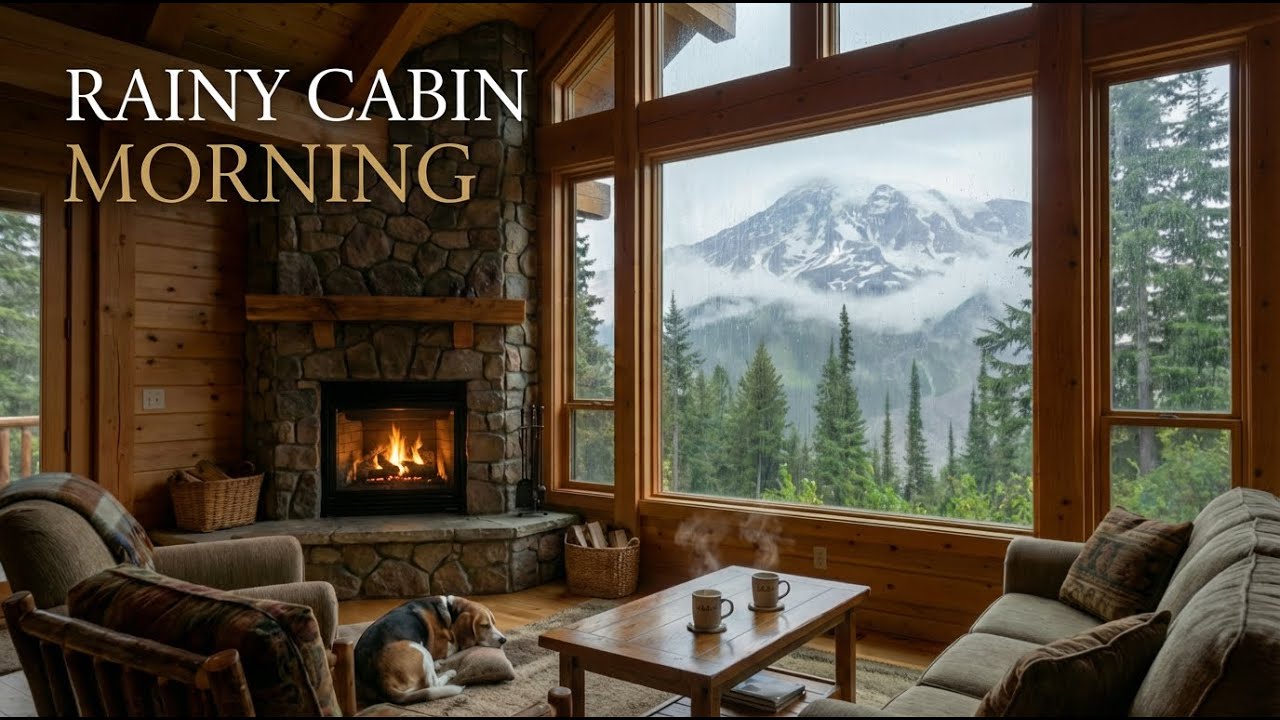 Rain Sounds for Sleeping in a Cozy Cabin 🌧️ Rainy Morning at Mount Rainier Fireplace & Piano