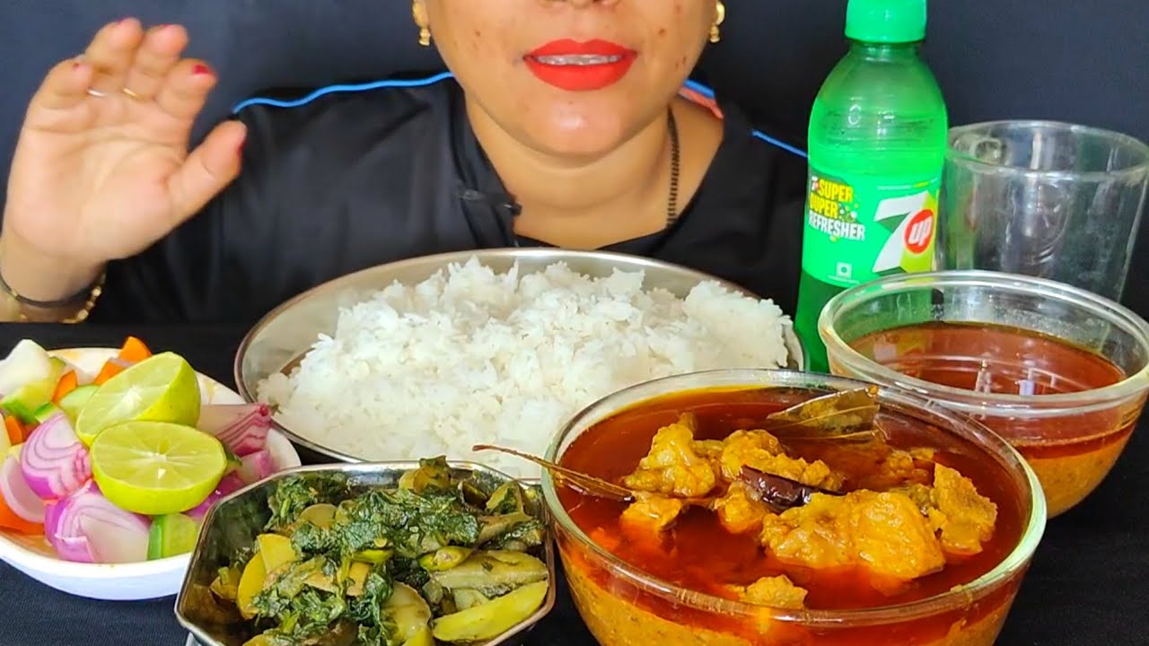 Eating Mutton Curry With Rice || Aloo Palak Saag 🤤 Salad With 7up 🤤 Fatty Mutton Curry🍛#asmr#mukbang