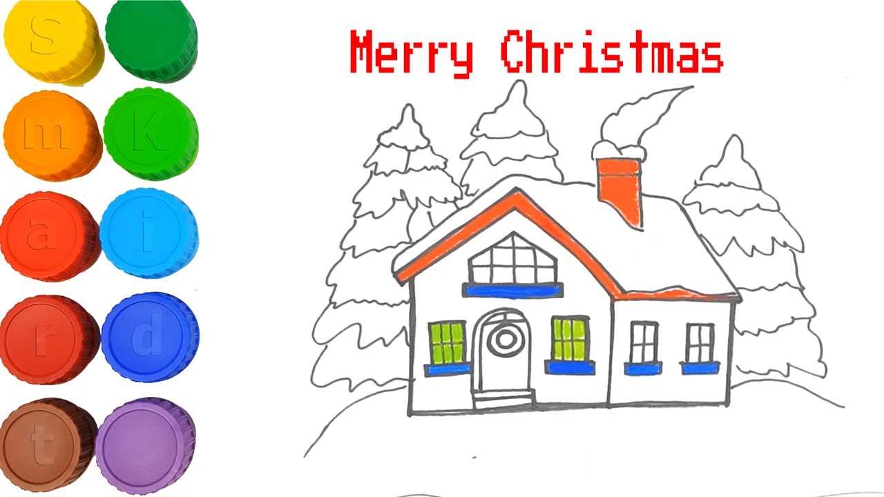 How to drawing coloring postcard Christmas Tree and House | Smart Kids