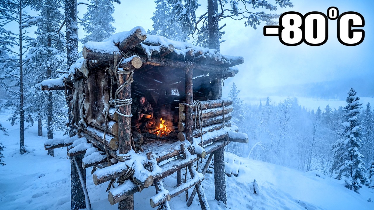 Extreme Winter Survival: Building a Tree Shelter in Deep Snow