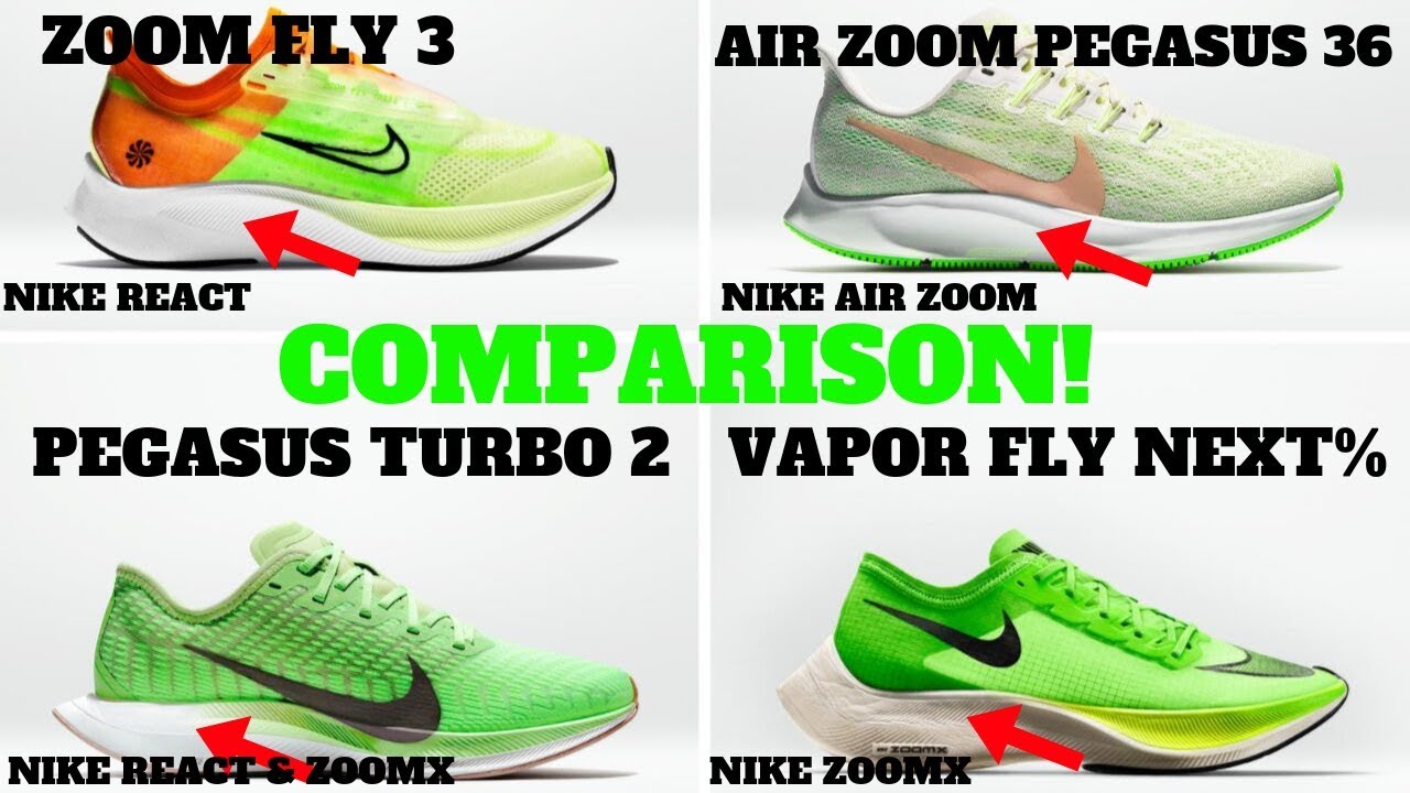 Nike Technology Compared: Zoom Pegasus 36 vs Zoom Fly 3 vs Pegasus Turbo 2 vs ZoomX Vaporfly Next%