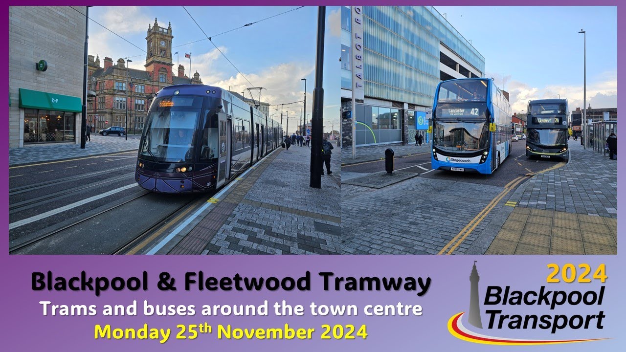 670 - Blackpool & Fleetwood Tramway: trams and buses in Blackpool town centre on 25th November 2024