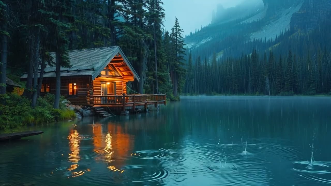 Rainy Lakefront Treehouse: Relaxing Slow Jazz & Rain Sounds | Cozy Lakeside Cabin Ambience