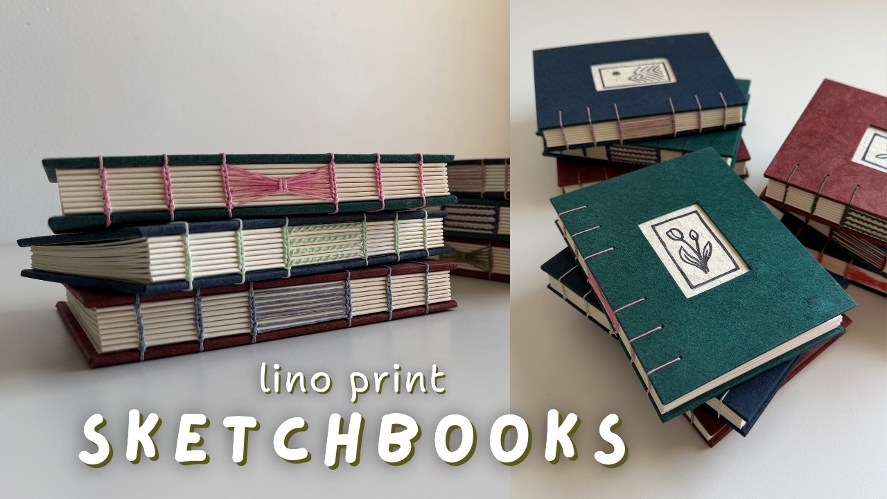 Handmade Lino Print Sketchbooks ✿ bookbinding with quiet music