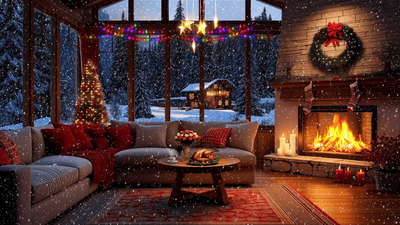 Relaxing Piano Jazz Music - Cozy Winter Fireplace Ambience ❄️ Snowfall for Sleep, Study & Relax