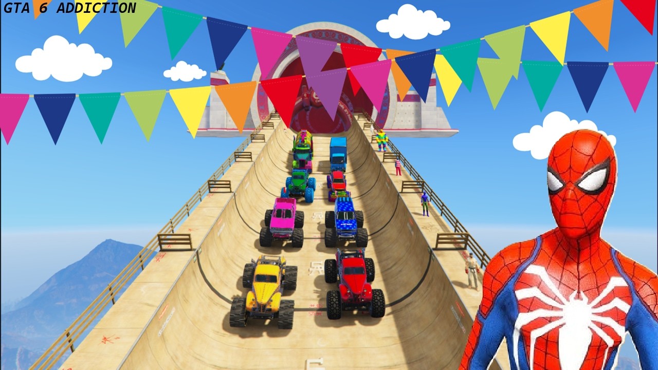 GTA V Superheroes Crazy🚗🔥 Race Challenge with Monster Trucks 💥 | GTA V Spiderman Mega Ramp  Ep 43