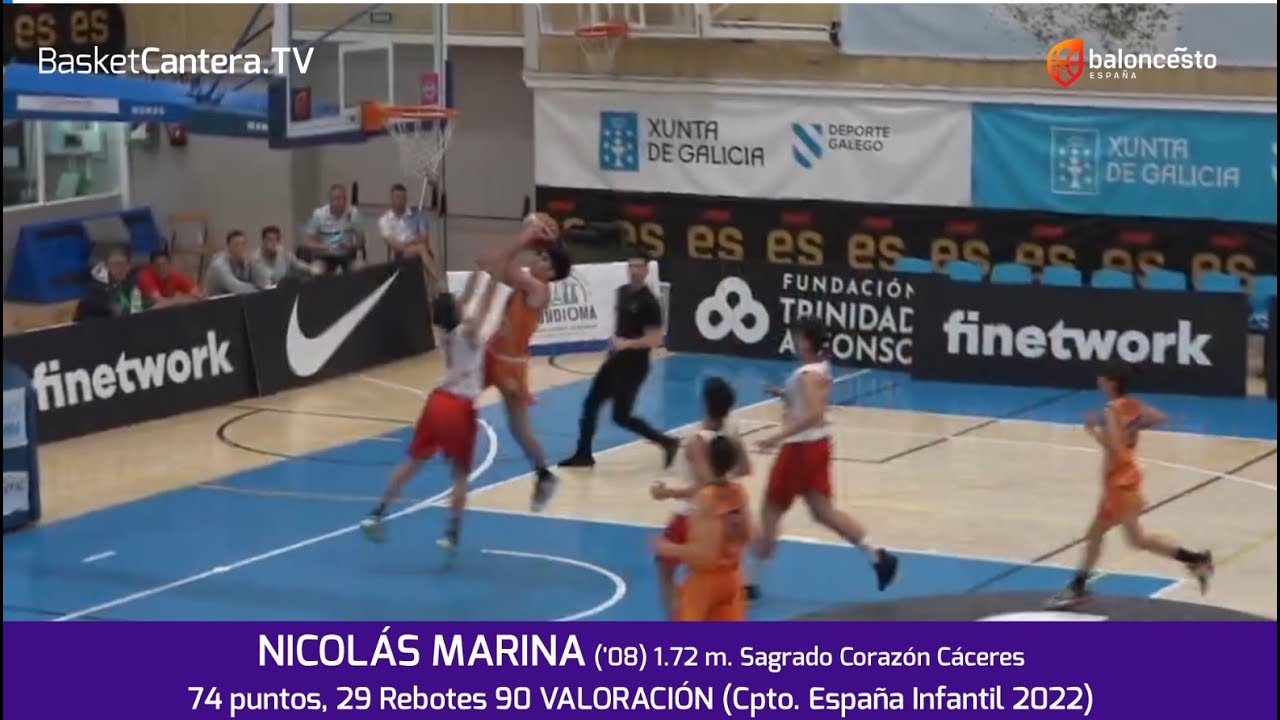 NICOLÁS MARINA ('08): 74 puntos. 29 Rts. y 90 Valoración (Sagrado Corazón Cáceres) Cpto.España U14M