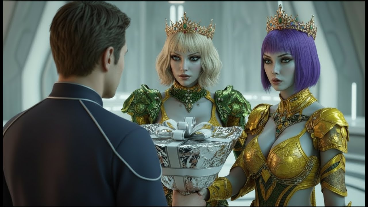 A Human Presents a Gift as the Alien Queen Turns, Speaks Once, and the Hall Goes Still