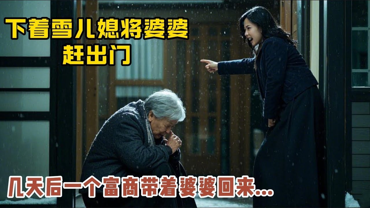 冰雪天兒媳將婆婆趕出家門，幾天後一個富商帶著婆婆回來