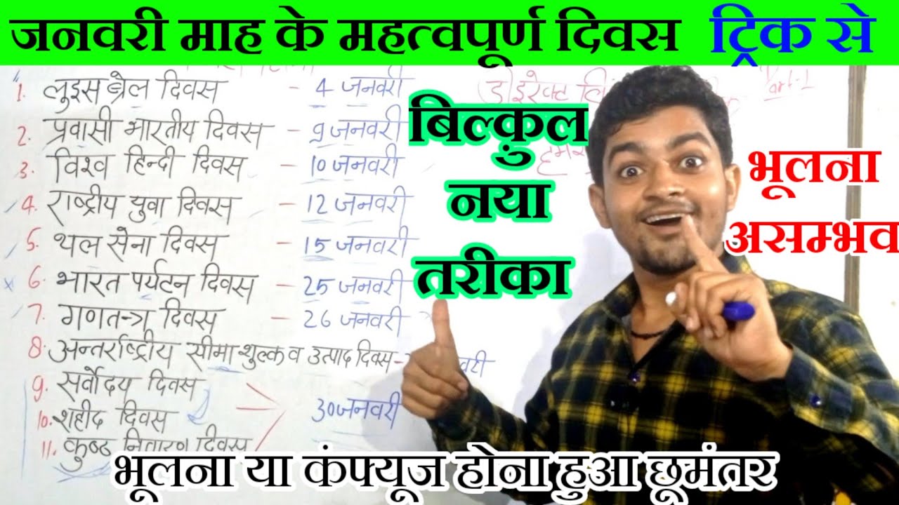 जनवरी माह के सभी महत्वपूर्ण दिवस ट्रिक से याद /january maah ke divas trick / important divas trick