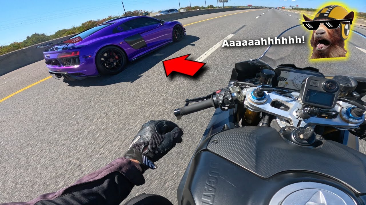 Twin Turbo V10 Audi R8 Challenges Ducati V4S & GSXR On Casual Beach Ride!