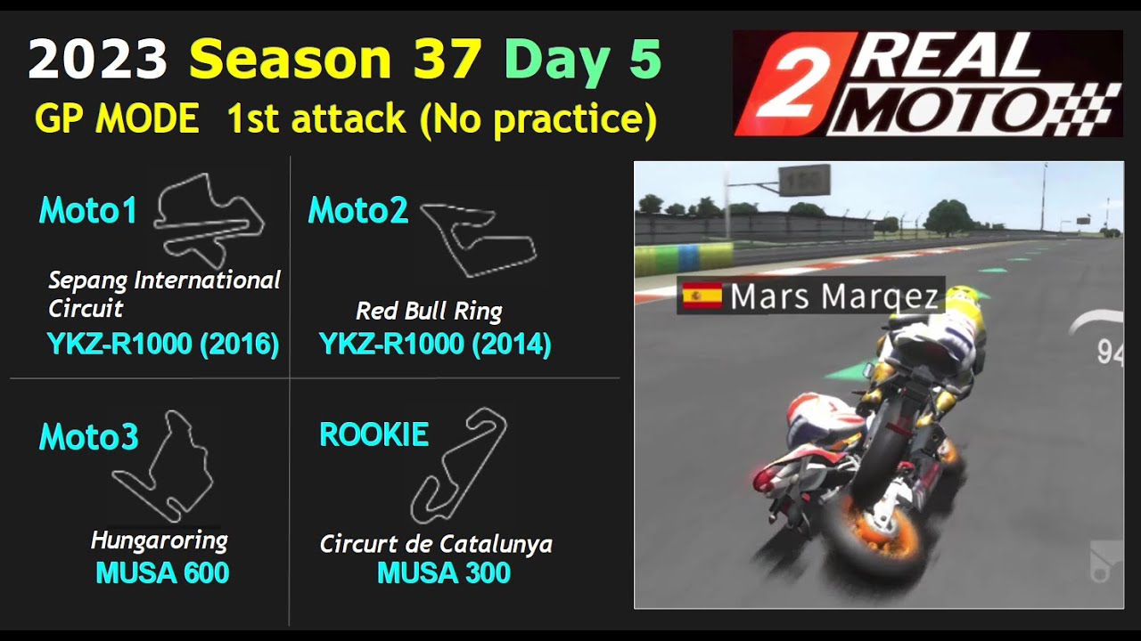 Real moto 2 : GP MODE 2023 37th Day 5, 1st attack (No practice): Sepang, RedBull, Hungaro, Catalunya