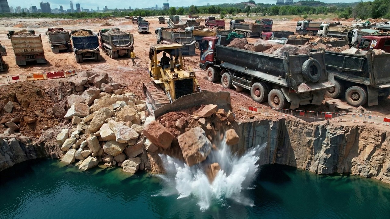 Amazing Activities Large Capacity Landfill Mighty Dozer & Trucks Work With Technique Moving Stones