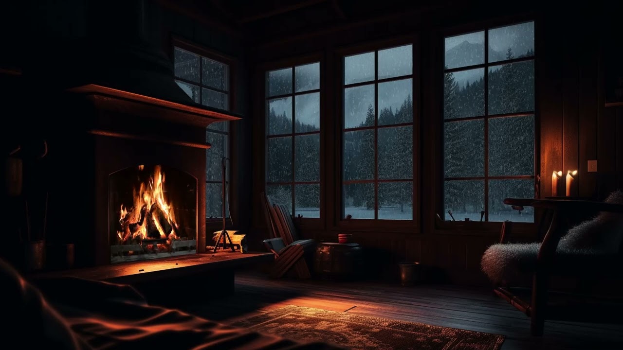 10 Hrs Cozy Winter Cabin With Fireplace | Blizzard sounds, ASMR, Cozy house, Comfort and warm