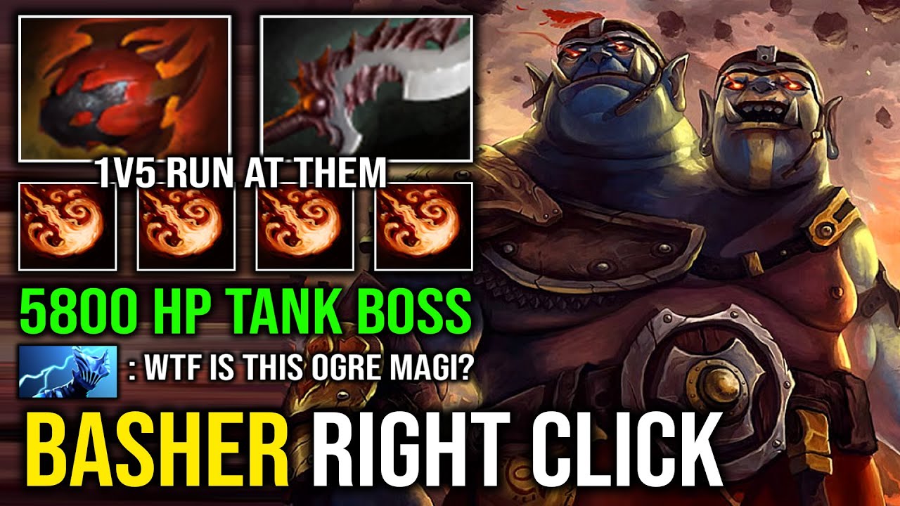 WTF Basher Right Click 5800 HP Raid Boss Solo Mid Ogre Magi 1v5 Run At Them Dota 2