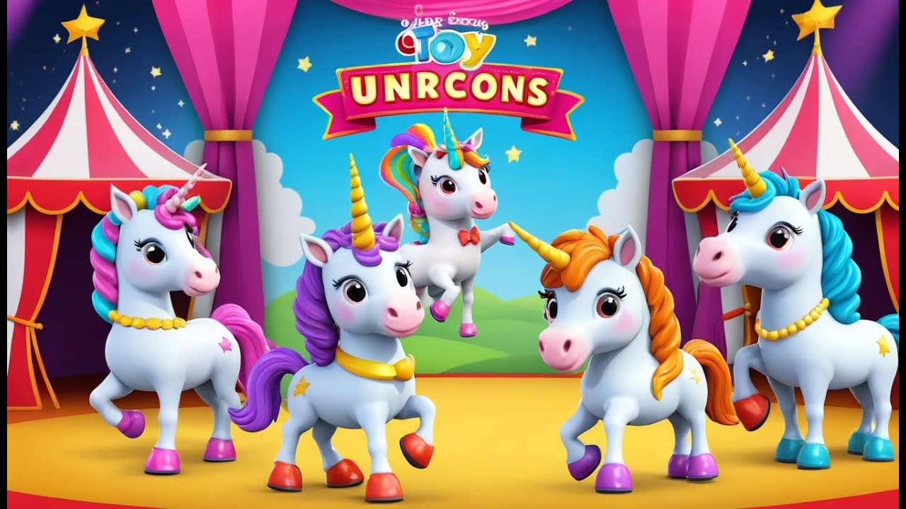 Trois licornes en peluche au cirque