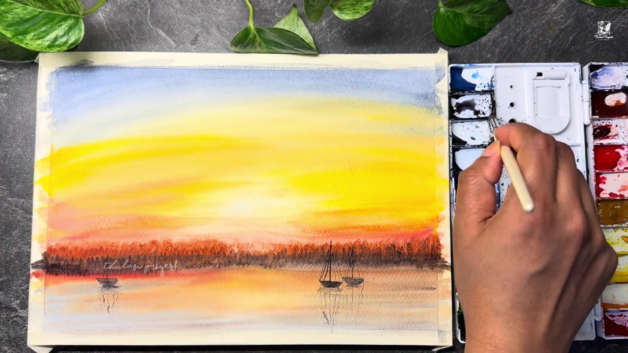 Peaceful Sunset Lake Watercolor | Calm Boats and Reflection