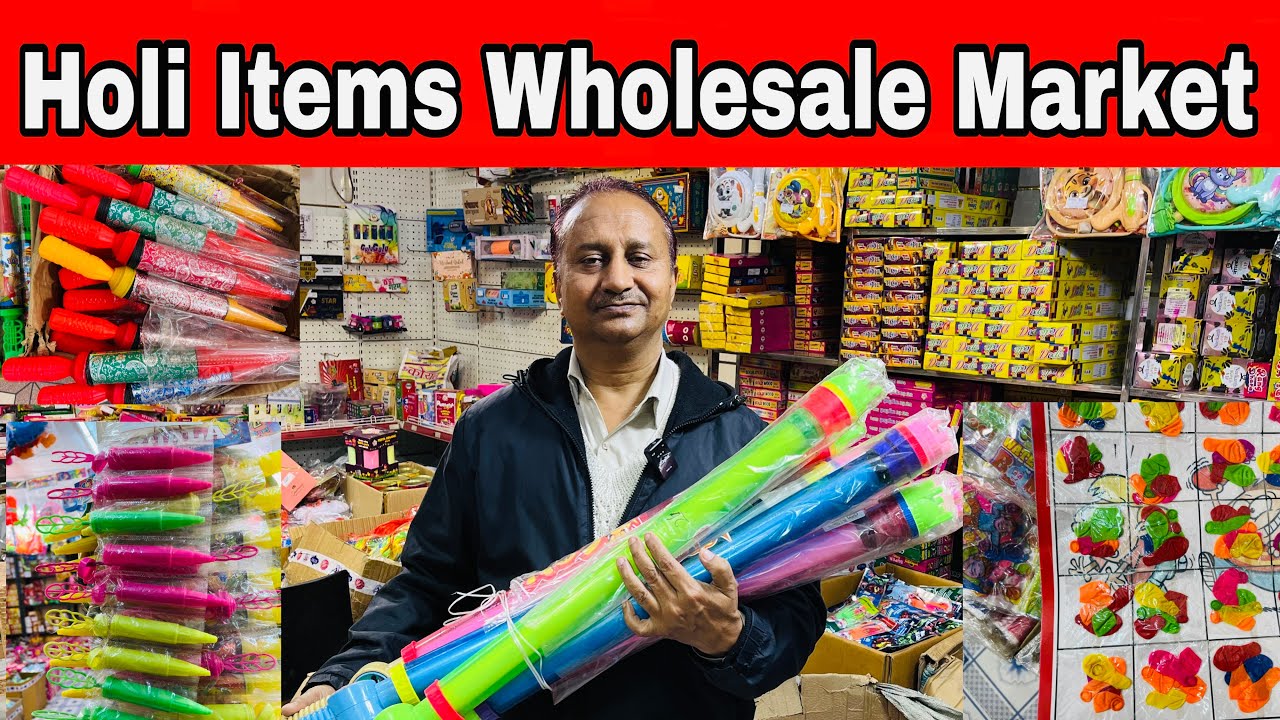Holi Items Wholesale Market In Delhi | होली गुलाल, रंग, गुबारे, पिचकारी 2₹ से In Delhi Sadar Bazar