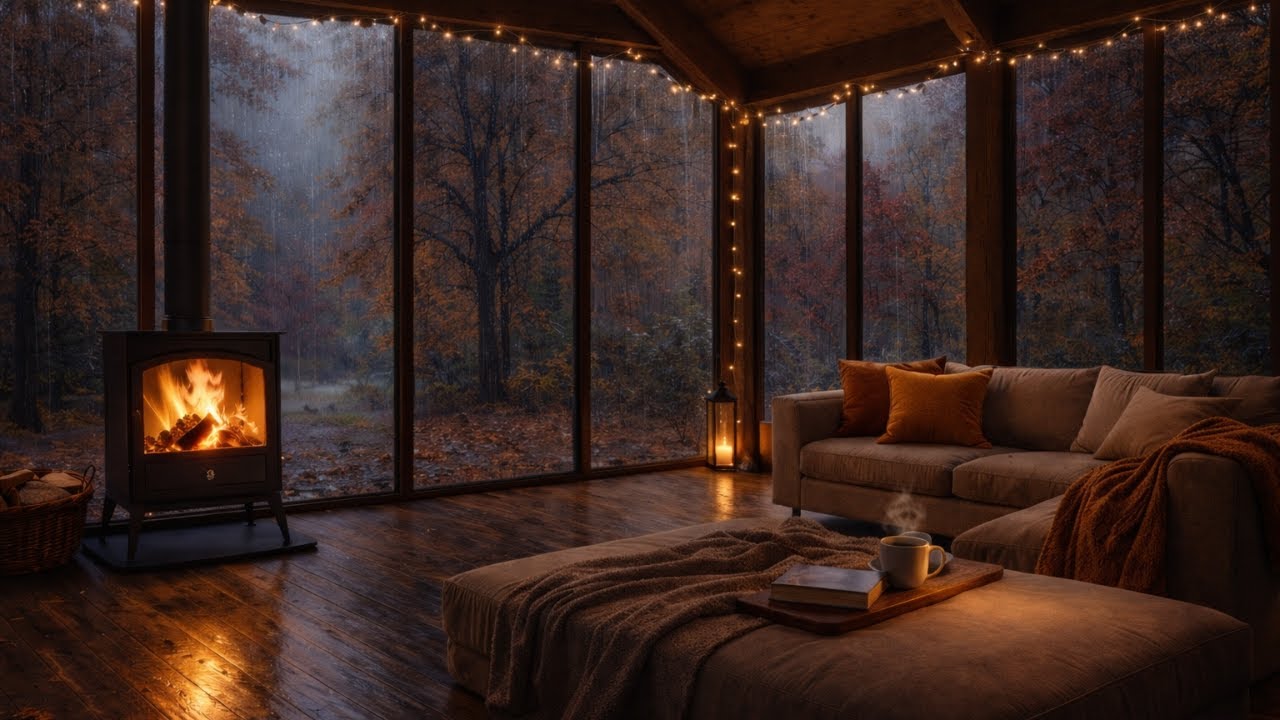 Rainy Autumn Cabin Ambience | Fireplace Crackles & Gentle Rain Sounds