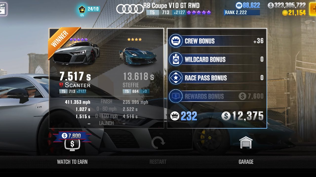 CSR2 - R8 Coupe V10 GT RWD (purple) - tune & shift - 7.517