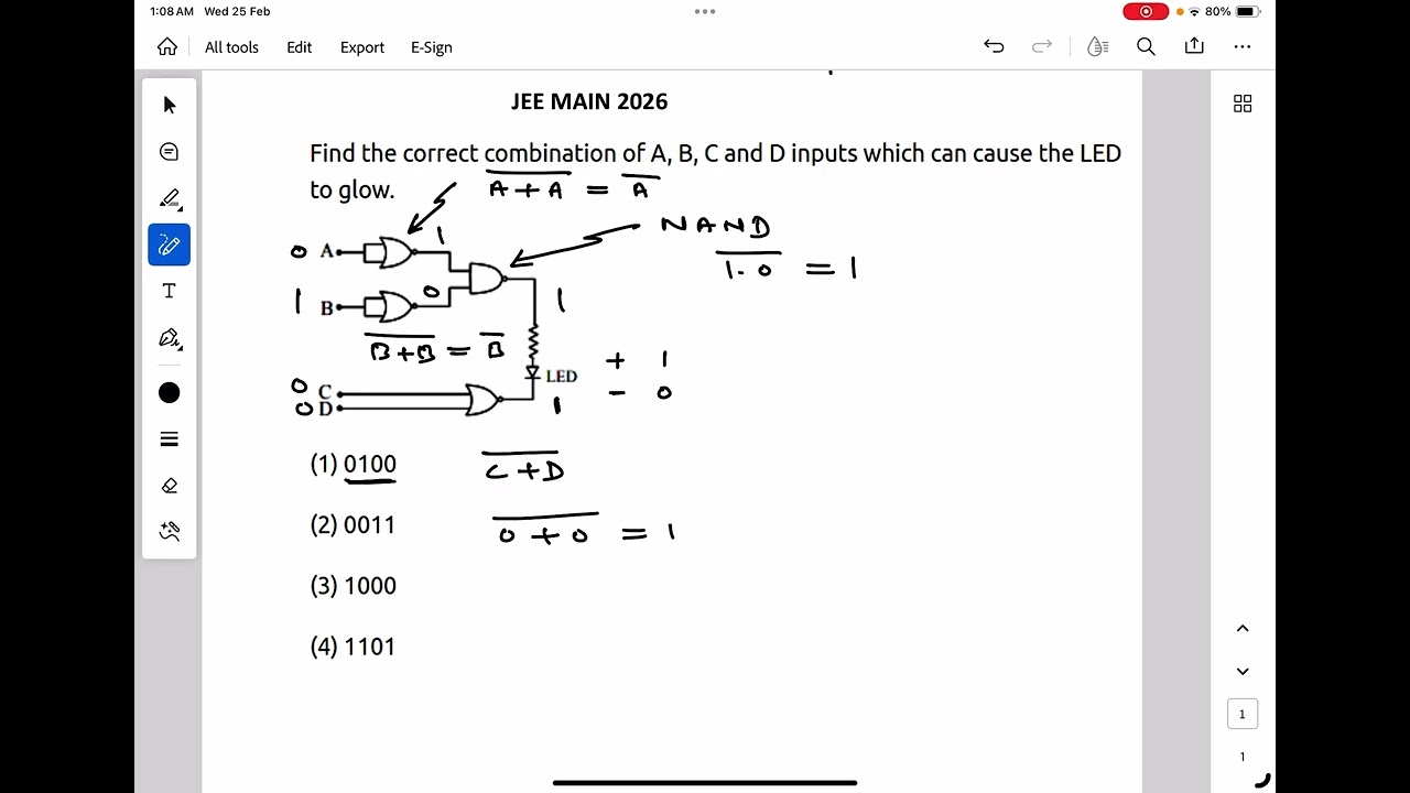 Find the correct combination of A, B, C and D inputs which can cause the LED to glow.
