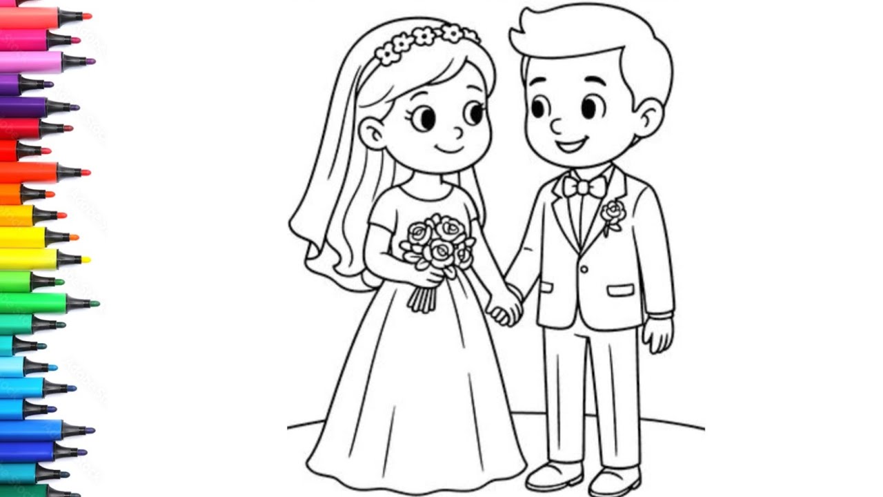 Little Bride and Groom Coloring Page | How to Draw Groom Bride