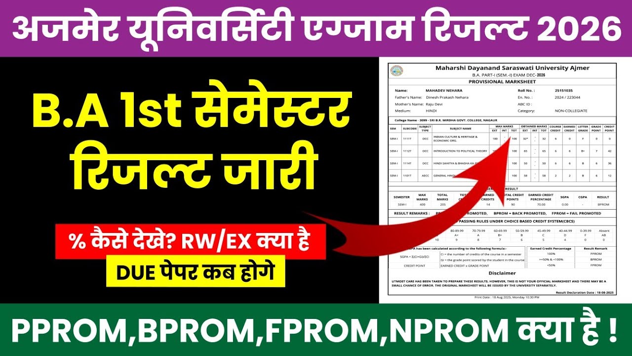 MDSU B.A 1st Semester Result 2026 Declare Kaise Dekhe / B.A मे PPROM, BPROM, FPROM क्या होता है